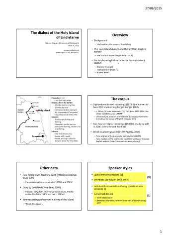 The dialect of the Holy Island  Overview  of Lindisfarne  Background  Warren Maguire (University