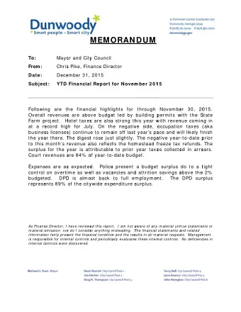 MEMO  ORAN  NDUM To:  Mayo  or and City y Council From:  Chris  s Pike, Fin  nance Dire ector