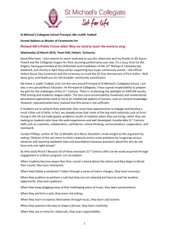 St Michael's Collegiate School Principal, Mrs Judith Tudball  Formal Address as Master of