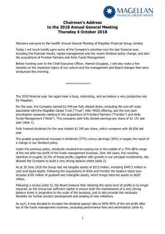 Chairmans Address  to the 2018 Annual General Meeting  Thursday 4 October 2018  Welcome everyone