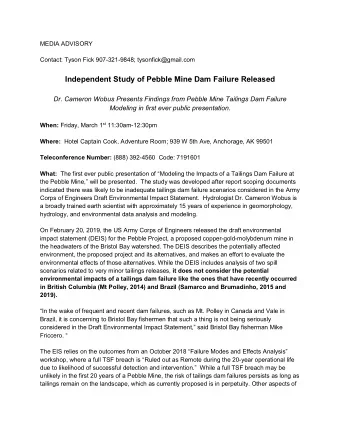 Independent Study of Pebble Mine Dam Failure Released  Dr. Cameron Wobus Presents Findings from