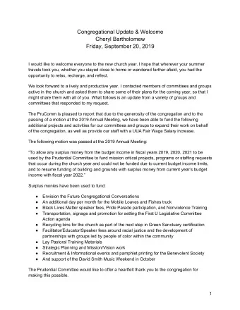 Congregational Update &amp; Welcome  Cheryl Bartholomew  Friday, September 20, 2019  I would like