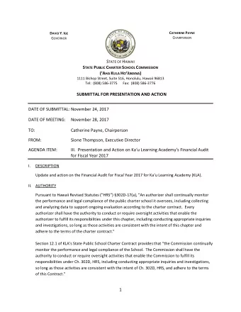 C ATHERINE P AYNE D AVID Y. I GE C HAIRPERSON G OVERNOR S TATE OF H AWAII S TATE P UBLIC C HARTER S