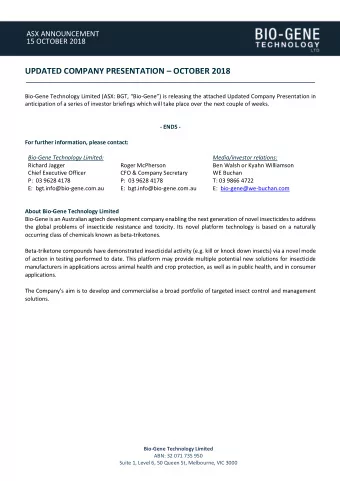 UPDATED COMPANY PRESENTATION  OCTOBER 2018  Bio-Gene Technology Limited (ASX: BGT,