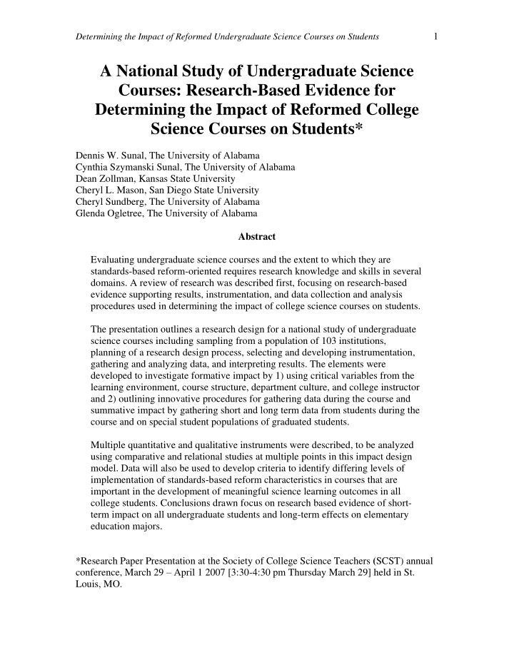 a national study of undergraduate science courses