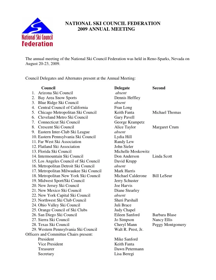 national ski council federation 2009 annual meeting