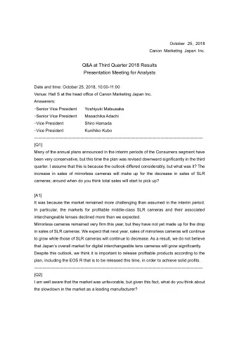 Q&amp;A at Third Quarter 2018 Results  Presentation Meeting for Analysts  Date and time: October