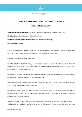 CHURCHILL MEMORIAL TRUST AWARDS PRESENTATION  Friday, 10 February 2017 Associate Professor Jane