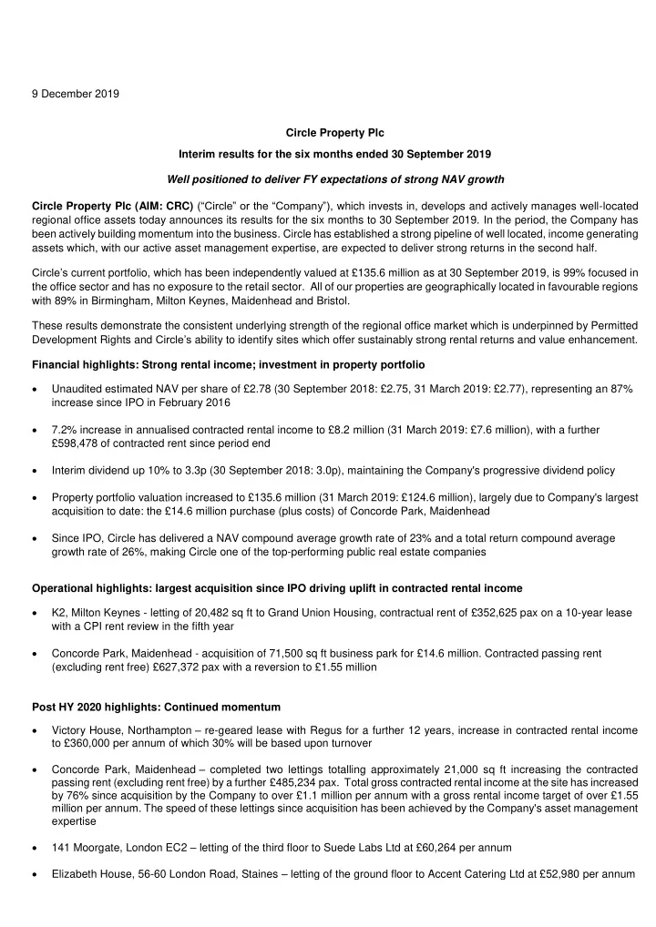 9 december 2019 circle property plc interim results for