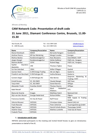 CAM Network Code: Presentation of draft code  21 June 2011, Diamant Conference Centre, Brussels,