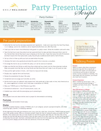 Script  Party Outline Pre Party Mix &amp; Mingle Introduction  Demonstration  THRIVE.  Host and