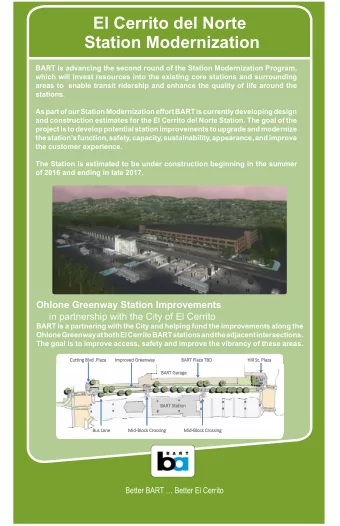 El Cerrito del Norte  Station Modernization  BART is advancing the second round of the Station