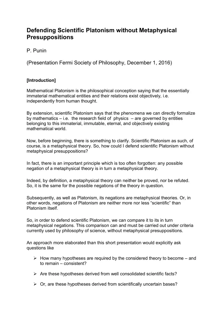 defending scientific platonism without metaphysical