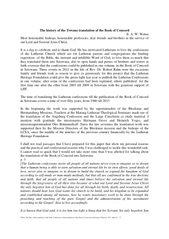 The history of the Tswana translation of the Book of Concord  E. A. W. Weber  Most honourable