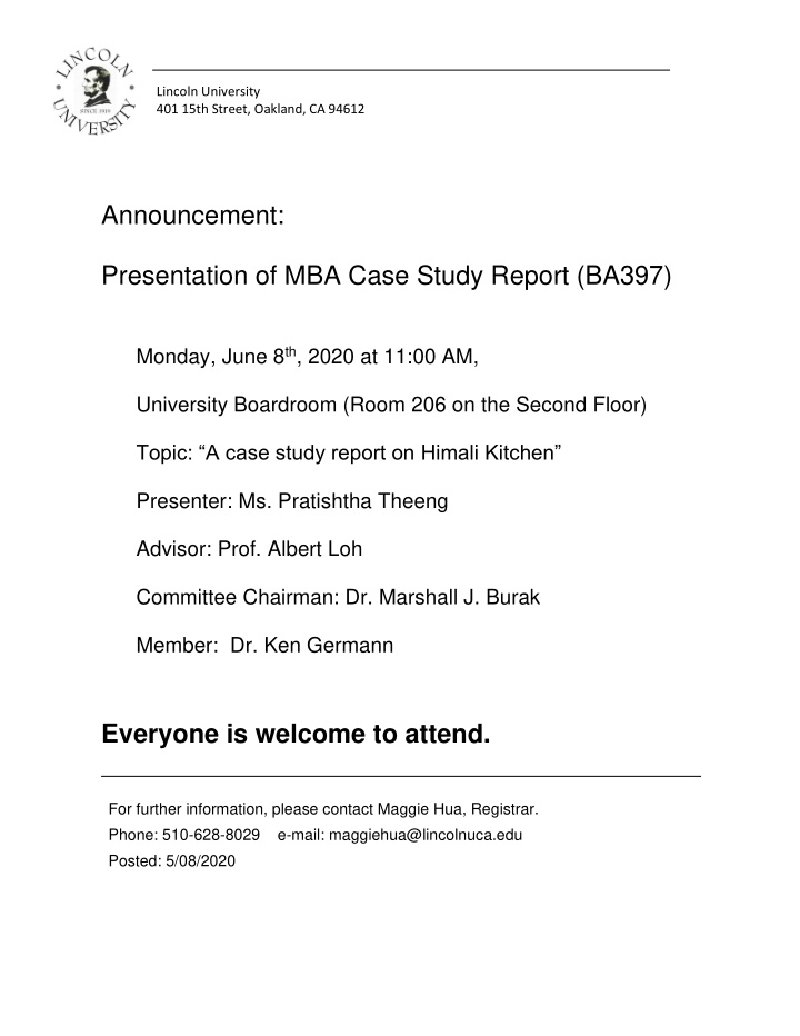 announcement presentation of mba case study report ba397