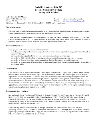 Social Psychology  PSY 245  Broome Community College  Spring 2014 Syllabus  Instructor:  Dr.