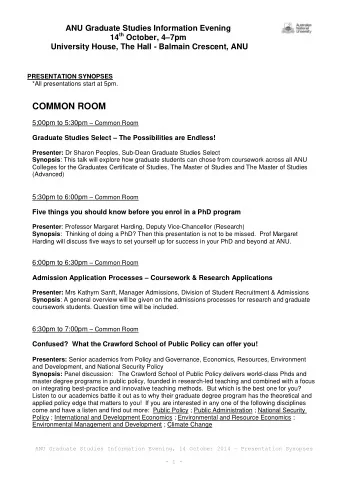 COMMON ROOM 5;00pm to 5:30pm  Common Room Graduate Studies Select  The Possibilities are