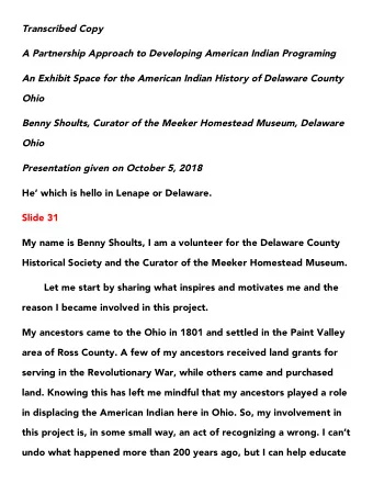 Transcribed Copy  A Partnership Approach to Developing American Indian Programing  An Exhibit Space