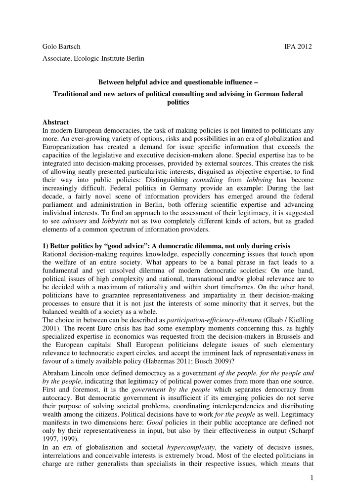 golo bartsch ipa 2012 associate ecologic institute berlin