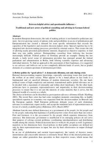 Golo Bartsch  IPA 2012  Associate, Ecologic Institute Berlin  Between helpful advice and