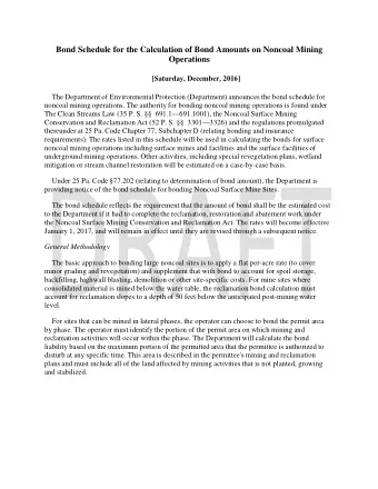 Bond Schedule for the Calculation of Bond Amounts on Noncoal Mining Operations [Saturday, December,