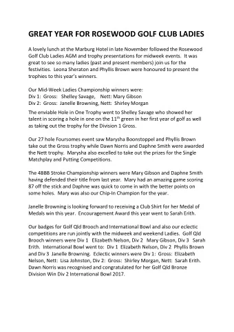 GREAT YEAR FOR ROSEWOOD GOLF CLUB LADIES  A lovely lunch at the Marburg Hotel in late November