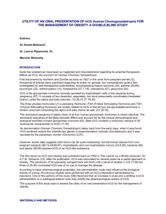 UTILITY OF AN ORAL PRESENTATION OF hCG (human Choriogonadotropin) FOR  THE MANAGEMENT OF OBESITY. A