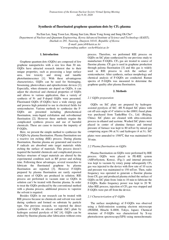 synthesis of fluorinated graphene quantum dots by cf 4