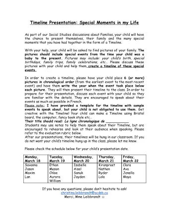 Timeline Presentation: Special Moments in my Life  As part of our Social Studies discussions about