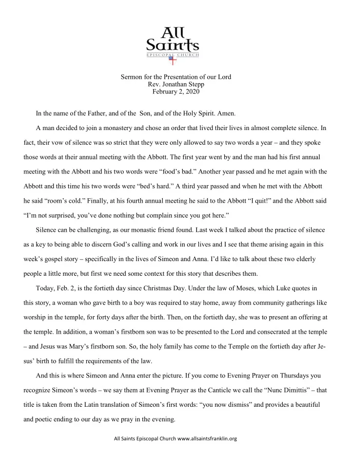 sermon for the presentation of our lord rev jonathan