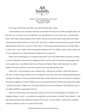 Sermon for the Presentation of our Lord Rev. Jonathan Stepp February 2, 2020 In the name of the