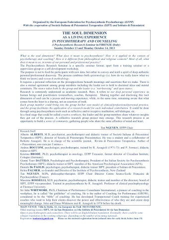 THE SOUL DIMENSION  AS A LIVING EXPERIENCE  IN PSYCHOTHERAPY AND COUNSELING A Psychosynthesis