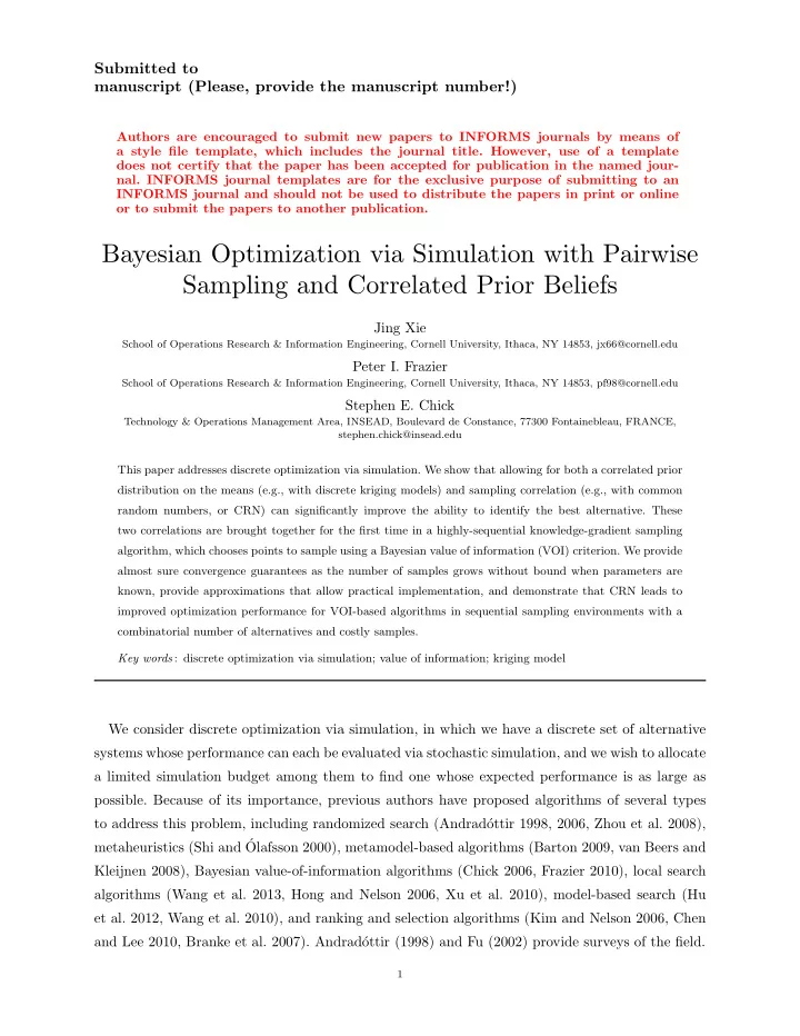 bayesian optimization via simulation with pairwise