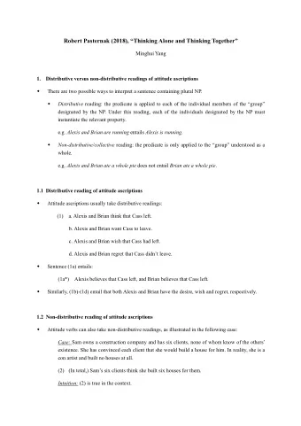 Robert Pasternak (2018), Thinking Alone and Thinking Together  Minghui Yang 1. Distributive