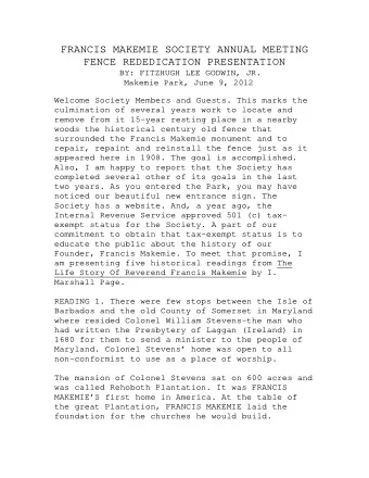 FRANCIS MAKEMIE SOCIETY ANNUAL MEETING  FENCE REDEDICATION PRESENTATION  BY: FITZHUGH LEE GODWIN,