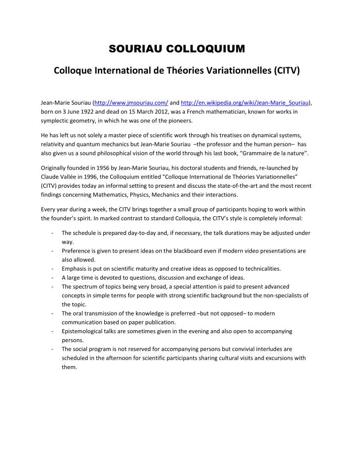 souriau colloquium colloque international de th ories
