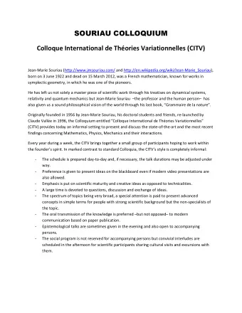 SOURIAU COLLOQUIUM  Colloque International de Thories Variationnelles (CITV)  Jean-Marie Souriau
