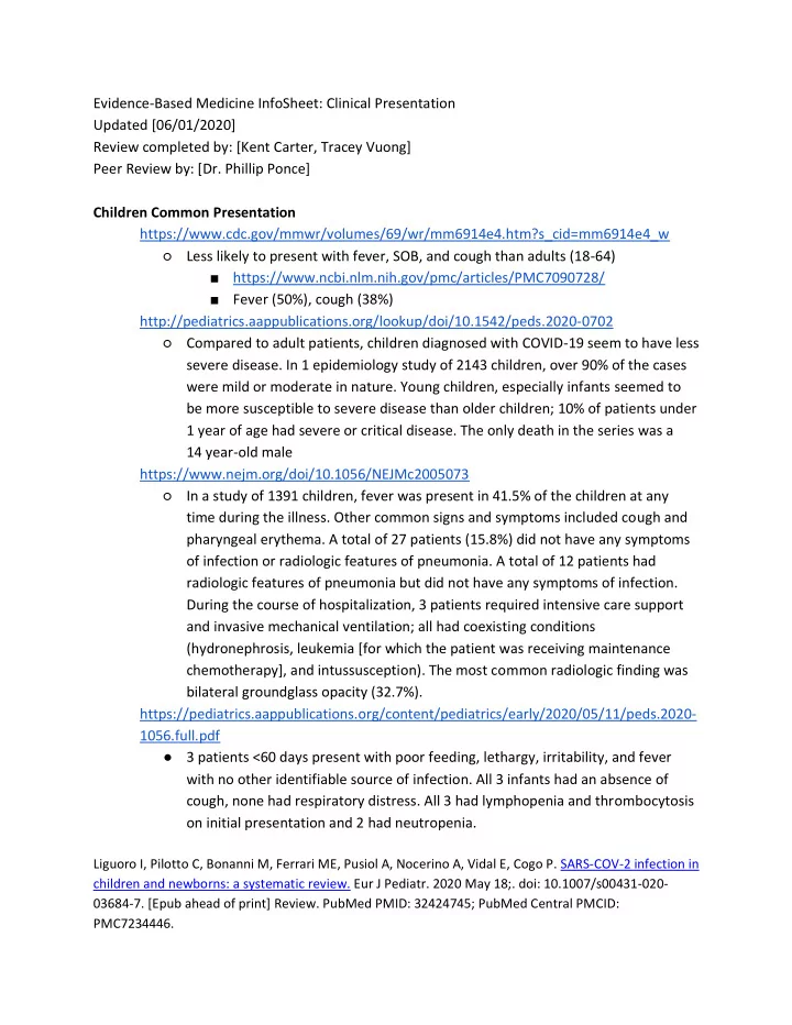 evidence based medicine infosheet clinical presentation