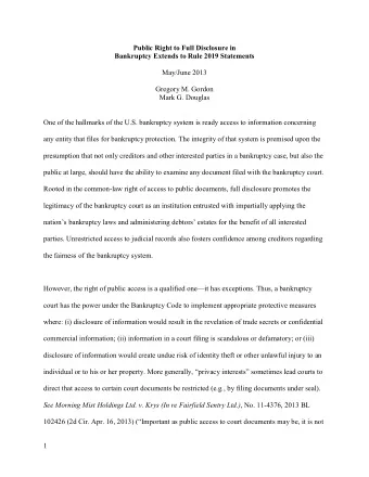 Public Right to Full Disclosure in Bankruptcy Extends to Rule 2019 Statements  May/June 2013