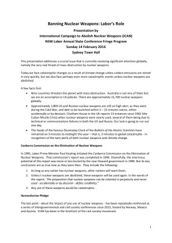 Banning Nuclear Weapons: Labors R ole  Presentation by  International Campaign to Abolish