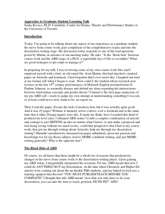 Approches to Graduate Student Learning Talk  Sasha Kovacs, Ph.D. Candidate, Centre for Drama,