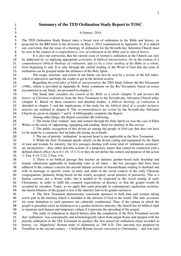 summary of the ted ordination study report to tosc