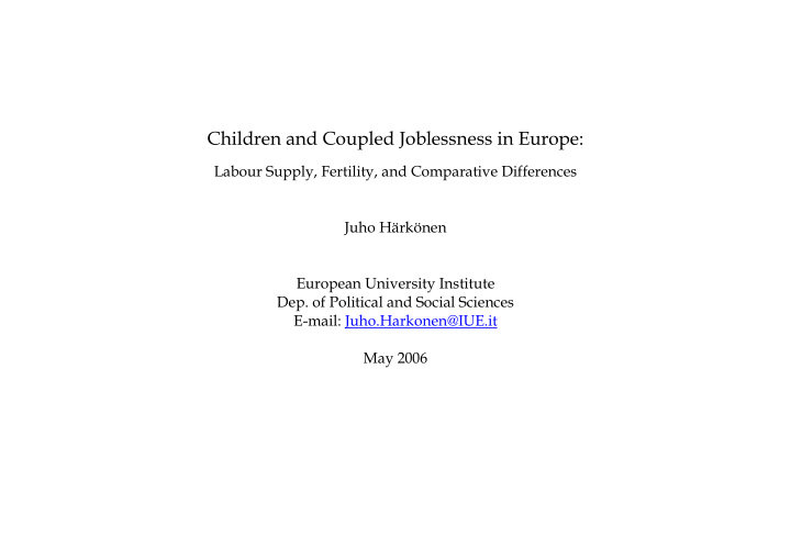 children and coupled joblessness in europe