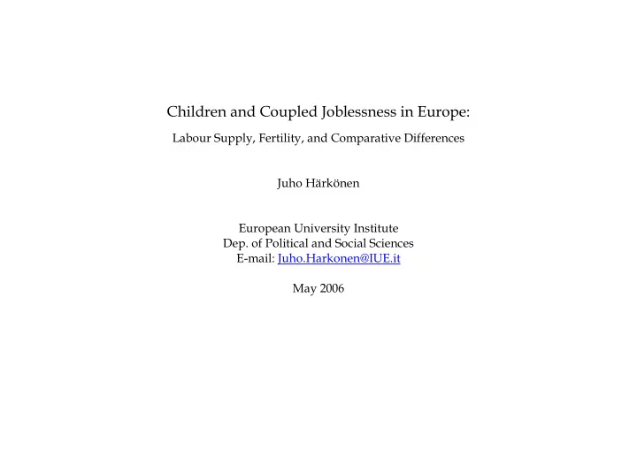 children and coupled joblessness in europe