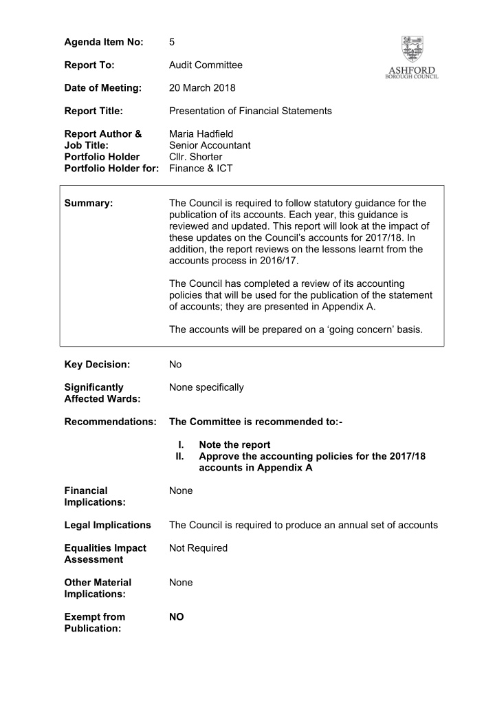 agenda item no 5 report to audit committee date of