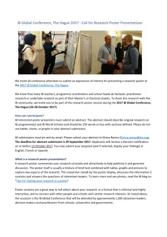 IB Global Conference, The Hague 2017 : Call for Research Poster Presentations  We invite all
