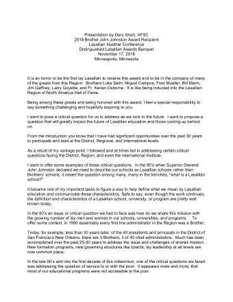 Presentation by Gery Short, AFSC  2018 Brother John Johnston Award Recipient  Lasallian Huether