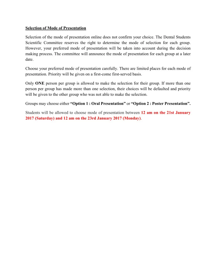 selection of mode of presentation selection of the mode