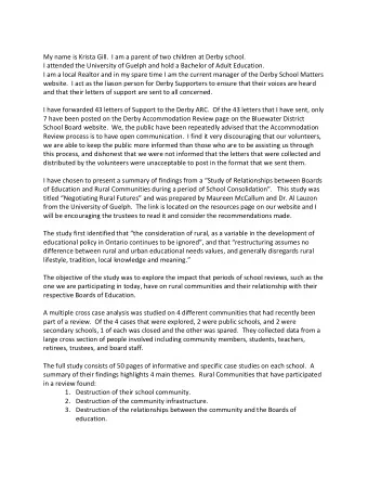 My name is Krista Gill.  I am a parent of two children at Derby school.  I attended the University