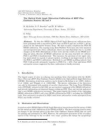 The Optical Field Angle Distortion Calibration of HST Fine  Guidance Sensors 1R and 3 B. McArthur,